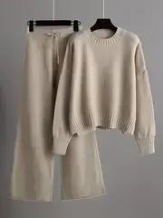 Cozy Knit Pants Set - Soft Long Sleeve Crew Neck Drop Shoulder Sweater, Drawstring Waist Wide Leg Pants, Comfortable Women's Clothing Outfit for Casual Daily Wear