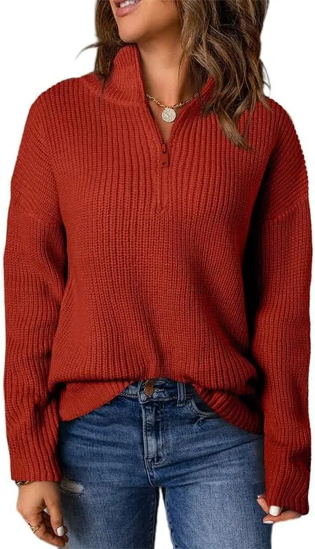Womens Sweaters Long Sleeve 1/4 Zip Pullover Polo V Neck Dressy Casual Tops