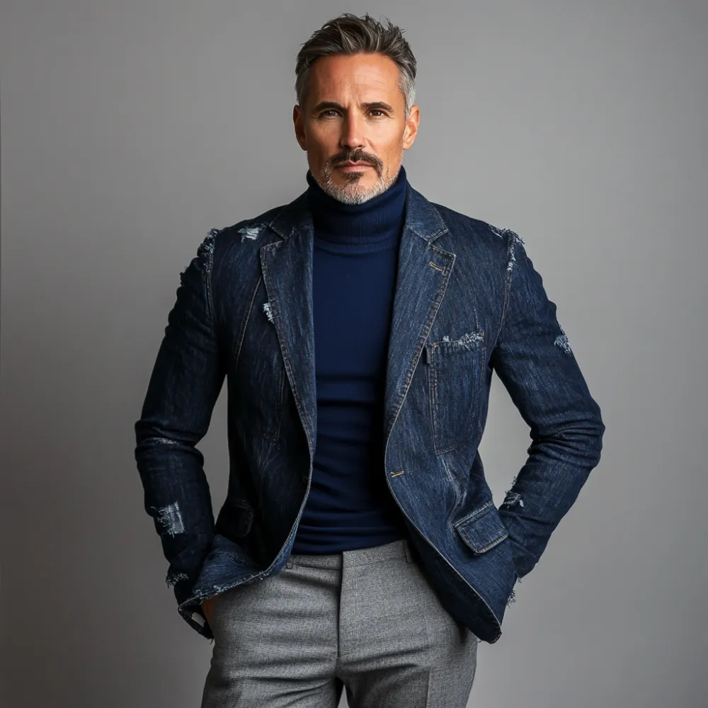 Men's Denim Ripped Notch Lapel One Button Jacket