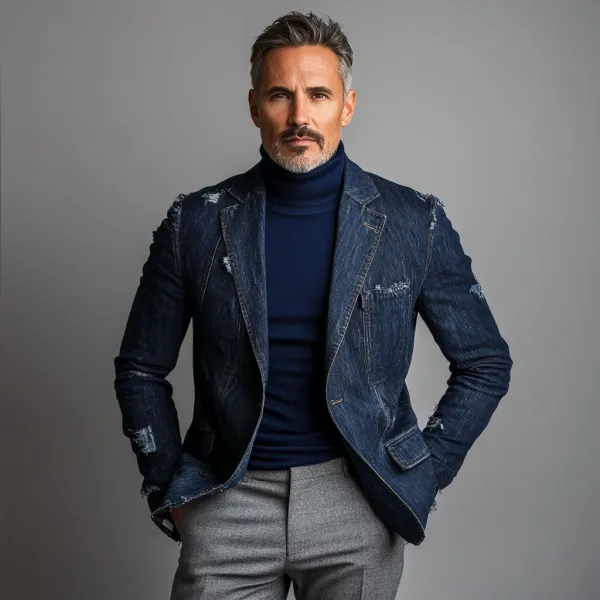 Men's Denim Ripped Notch Lapel One Button Jacket