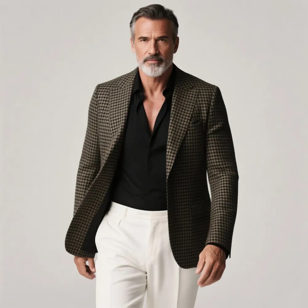 Men's Business Peak Lapel Long Sleeve Button Houndstooth Blazer