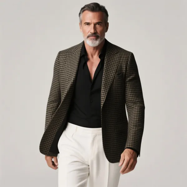 Men's Business Peak Lapel Long Sleeve Button Houndstooth Blazer