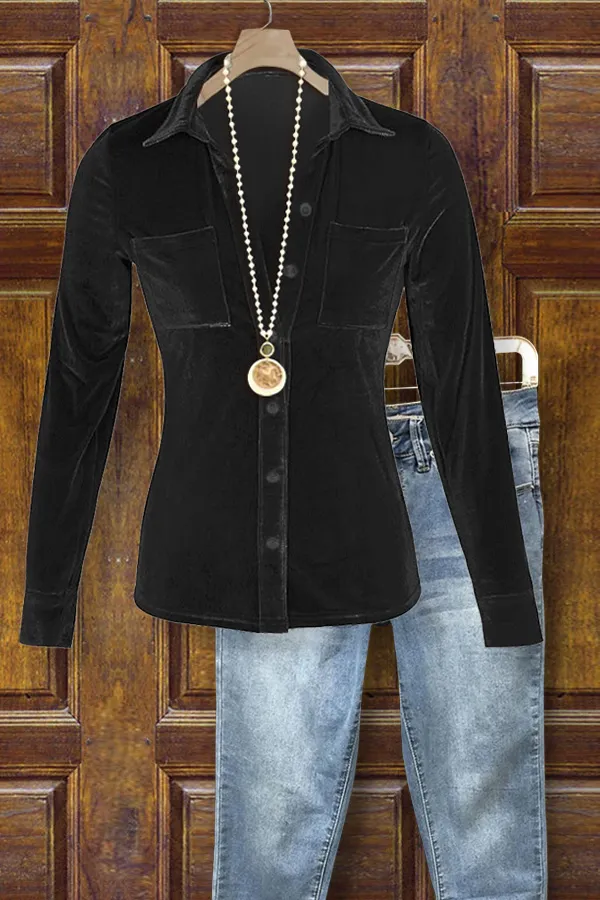Velvet Long Sleeve Button Detailed Blouse