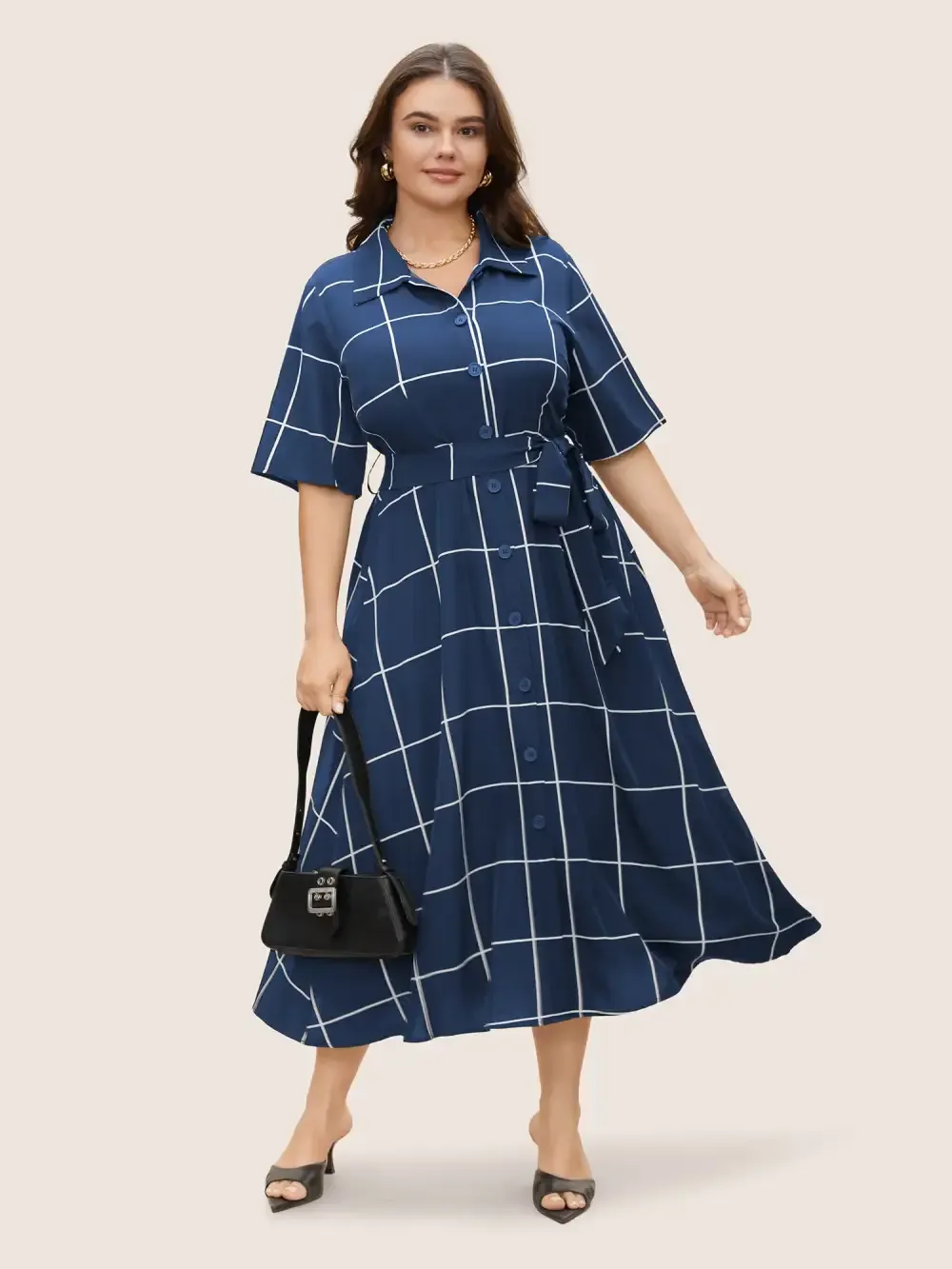Plaid Shirt Collar Button Detail Belted Dress