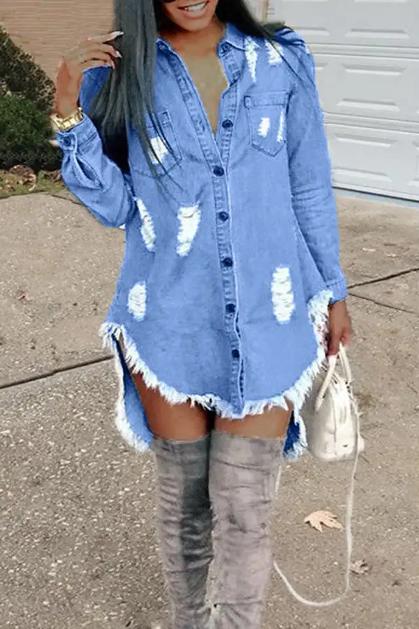 Fashion Ripped Fringed Denim Mini Dress