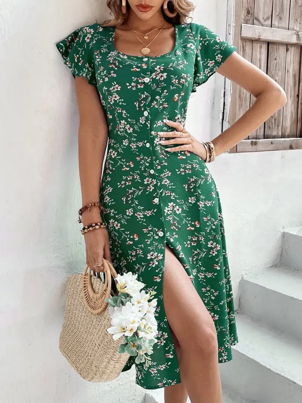 Elegant Regular Fit Ruffled Sleeves Floral Square Neck Dress