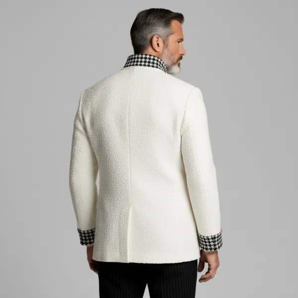 Men's White Houndstooth Pattern Patchwork Stand Collar Long Sleeve Double Breasted Textured Coat