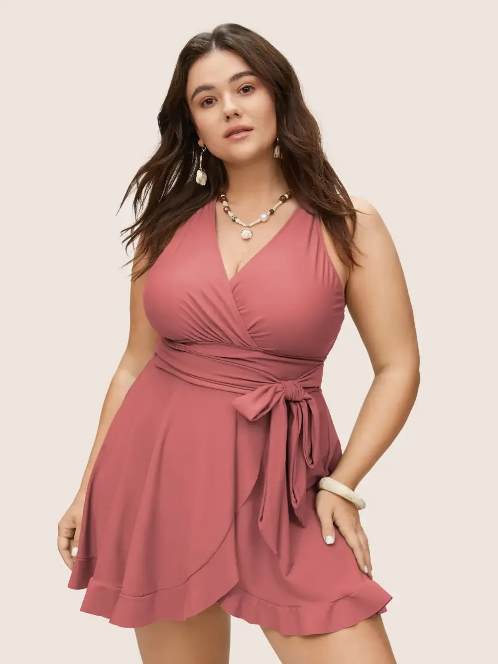 Plain Ties Wrap Flutters Swim Dress