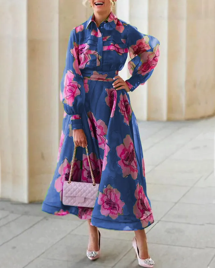 Vacation Shirt Collar Floral Dress