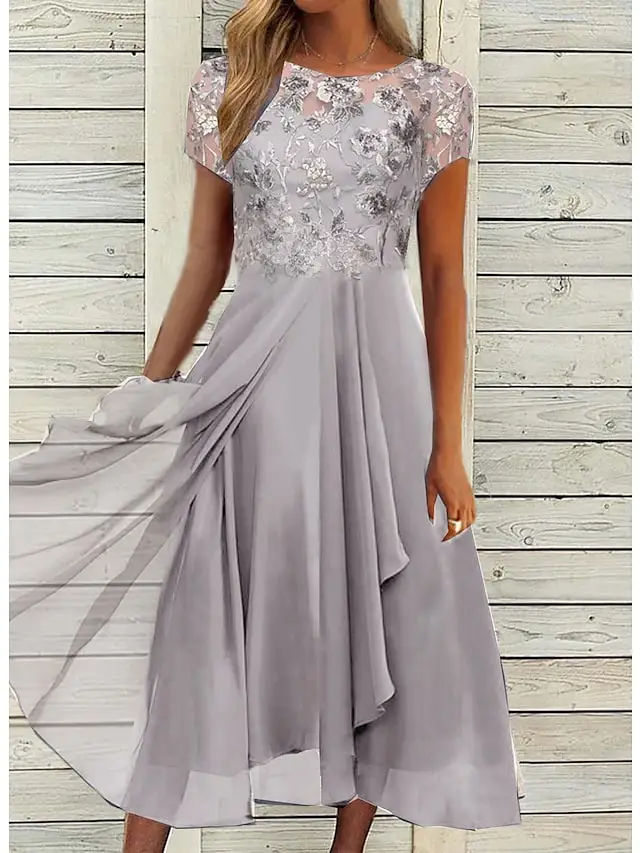 Women's Party Dress Swing Dress Midi Dress Green Light Grey Short Sleeve Embroidery Ruched Spring Summer Crew Neck Mature Party Wedding Guest 2023 S M L XL XXL 3XL