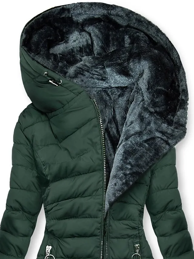Women's Puffer Jacket Winter Jacket Winter Coat Warm Windproof Street Casual Daily Zipper Pocket Zipper Hoodie Casual Street Style Plain Regular Fit Outerwear Long Sleeve Winter Fall Black Light