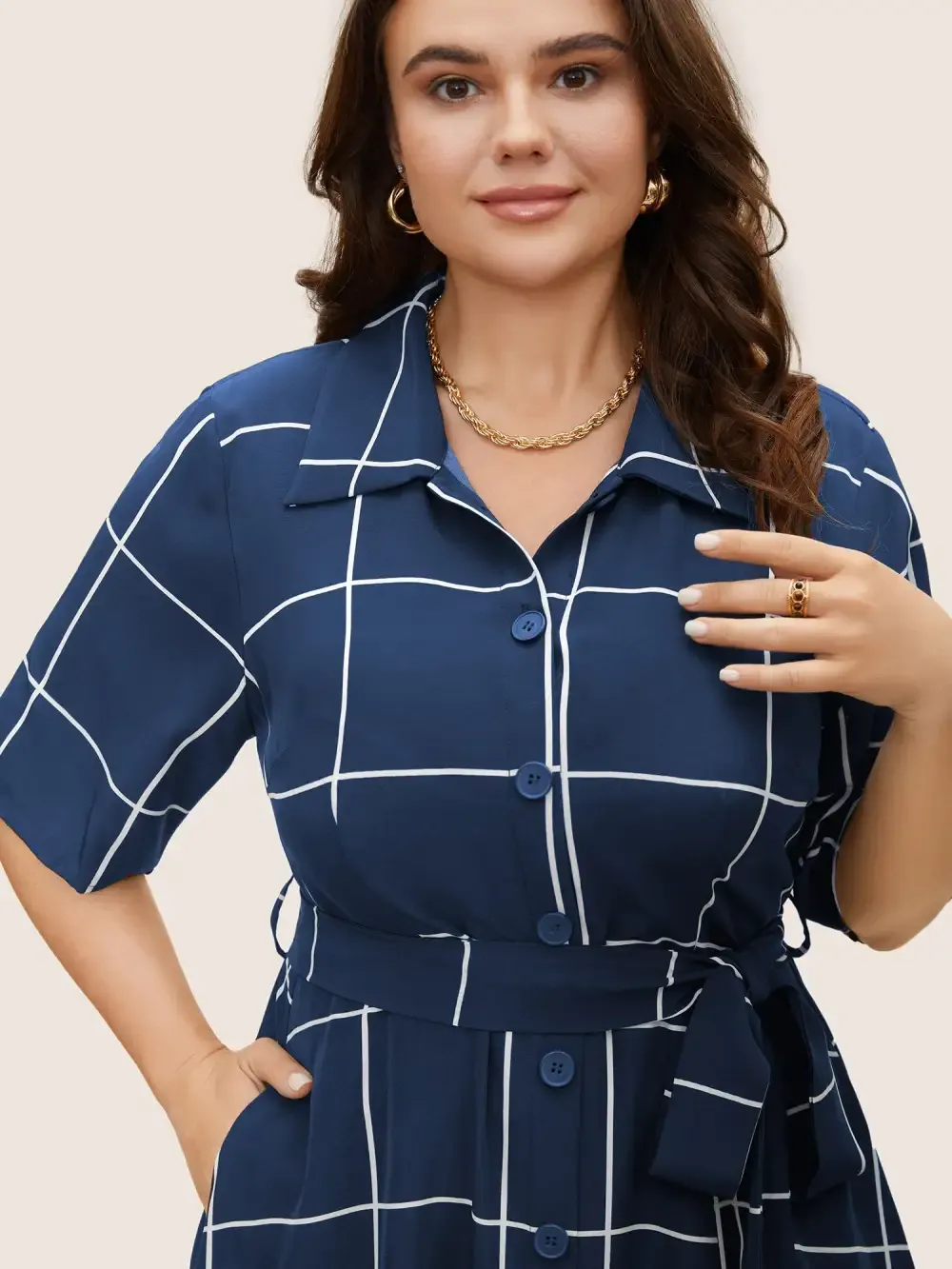 Plaid Shirt Collar Button Detail Belted Dress