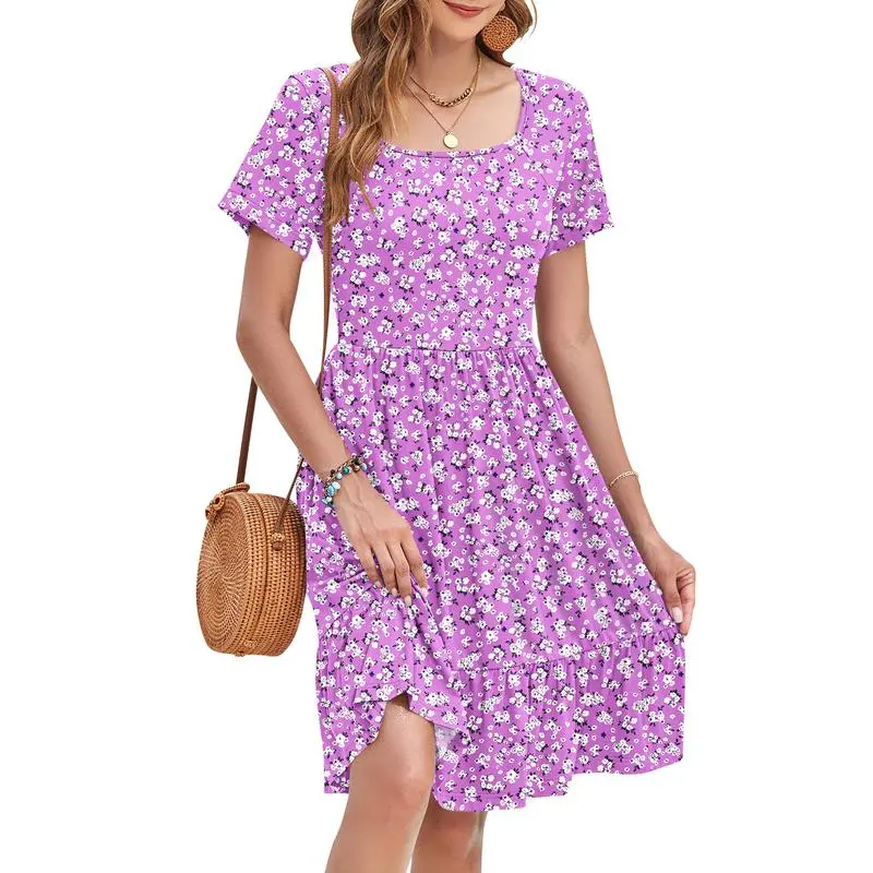 Women’s Ditsy Floral Square Neck A-Line Sundress with Pockets – Short Sleeve, Ruffle Hem