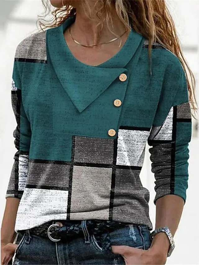 Women's T shirt Tee Red Navy Blue Blue Geometric Abstract Button Print Long Sleeve Casual Weekend Daily Basic Pile Neck V Neck Regular Fit Geometric Painting Fall & Winter