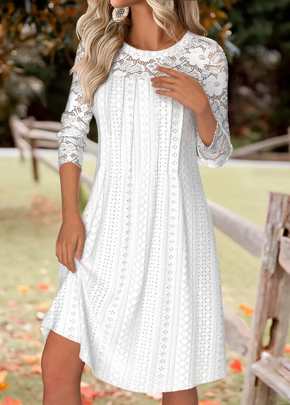 White Tummy Coverage Short Long Sleeve Round Neck Dress