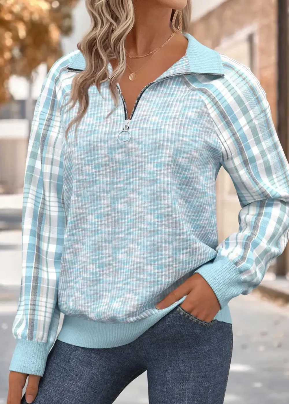 Light Blue Tummy Coverage Plaid Long Sleeve Sweatshirt