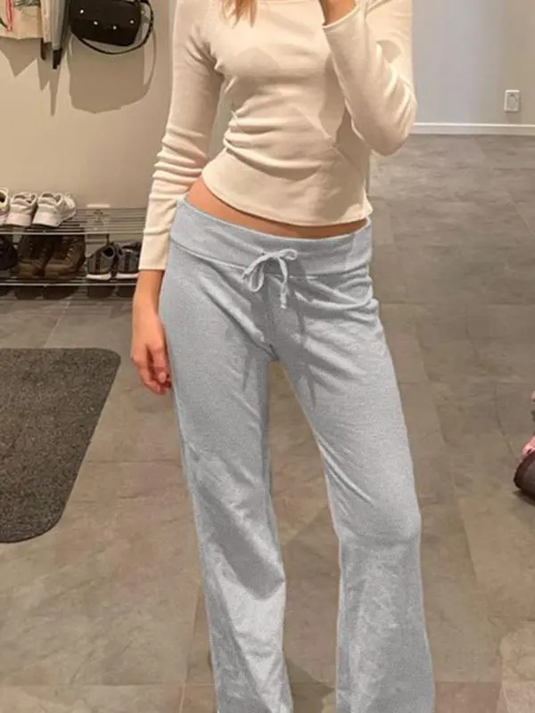 Women's Solid Adjustable Drawstring Waist Straight Leg Pants, Minimalist Flattering Pants for Women, Fashion Casual Chic Fitted Drop Waist Trousers for Daily Outdoor Casual Wear