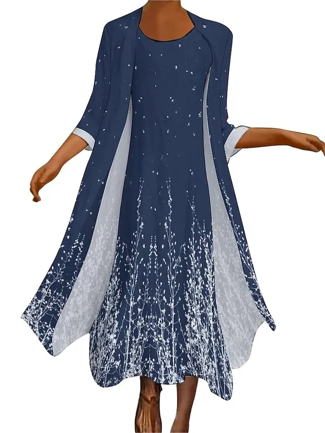 Women's Two Piece Dress Church Dress Long Dress Maxi Dress Dusty Blue Long Sleeve Color Block Print Summer Spring Crew Neck Stylish Winter Dress Fall Dress Loose Fit 2023 S M L XL XXL 3XL 4XL 5XL