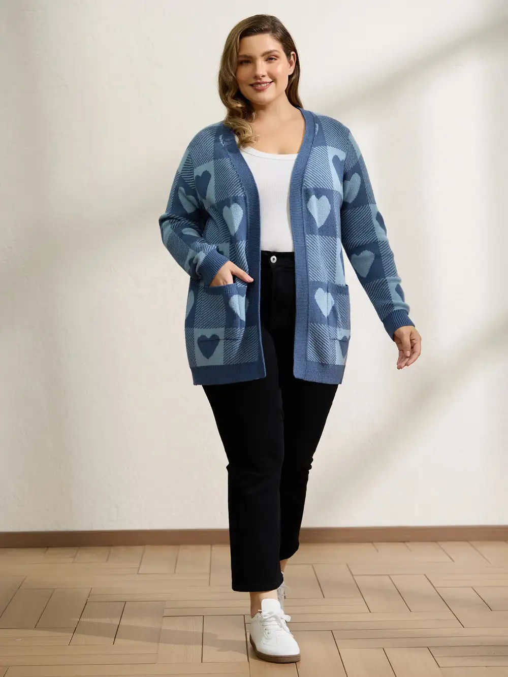 Checkered Hearts Jacquard Pockets Knit Cardigan