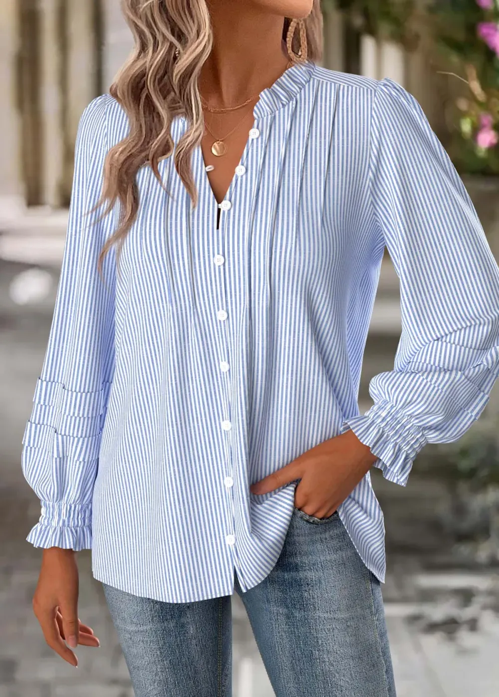 Blue Tummy Coverage Striped Long Sleeve Split Neck Blouse