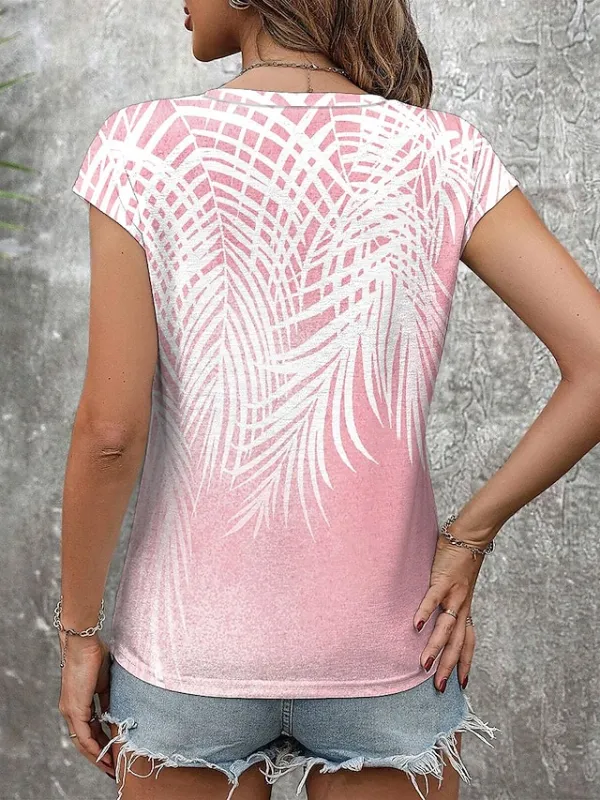 Women's T shirt Tee Leaf Print Vacation Tropical Hawaiian Short Sleeve V Neck White Summer
