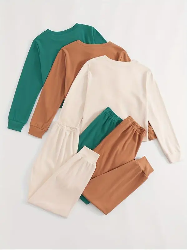 Women's lounge/pajama set: solid long-sleeve round-neck tee + tie-front elastic-waist pants, casual and comfy