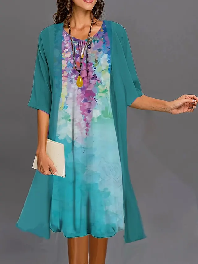 Women's Two Piece Dress Set Casual Dress Dress Set Daily Vacation Casual Modern Print Midi Dress Crew Neck Half Sleeve Graphic Floral Loose Fit Royal Blue Purple Summer Spring S M L XL XXL