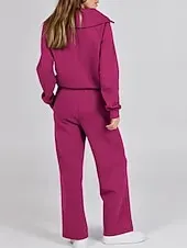 Women's Fashion Streetwear Pants Sets Bolero Top Long Sleeve Shirt Collar Solid Color Outdoor Work Casual Black Fuchsia Beige Fall Regular Fit