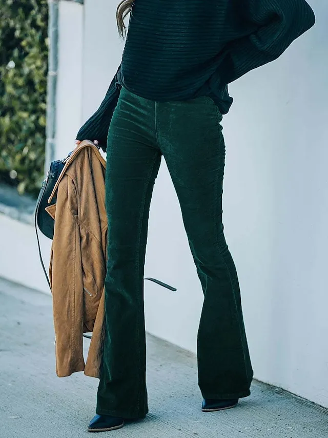 Women's Dress Pants Bootcut Pants Trousers Full Length Corduroy Micro-elastic Medium Waist Fashion Casual Weekend claret Black S M