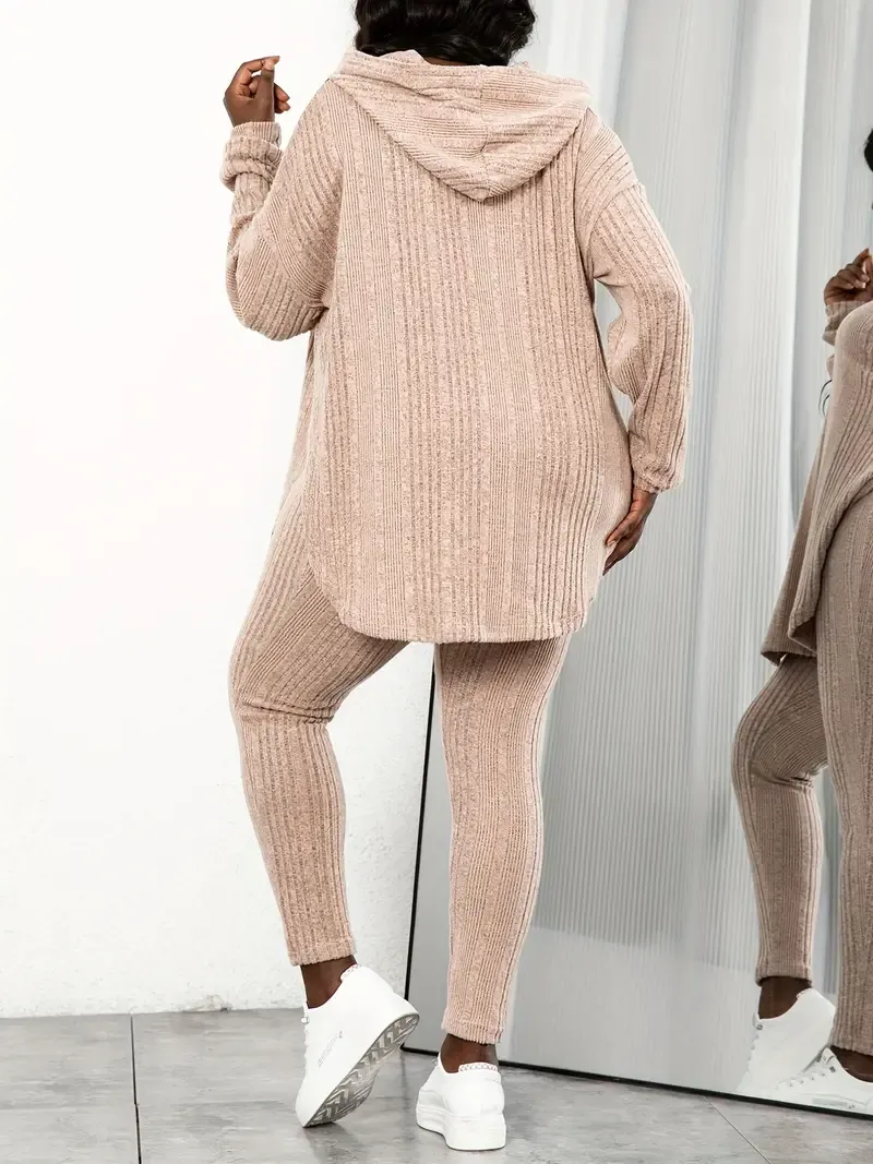 【Plus Size】 Plain Split Curved Hem Hoodie & Leggings Lounge Two-piece Set, Casual Fashion Cozy Breathable Two Piece Outfits for Daily Home Wear