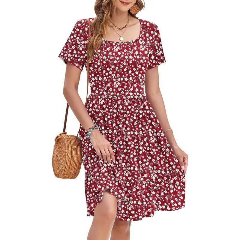 Women’s Ditsy Floral Square Neck A-Line Sundress with Pockets – Short Sleeve, Ruffle Hem