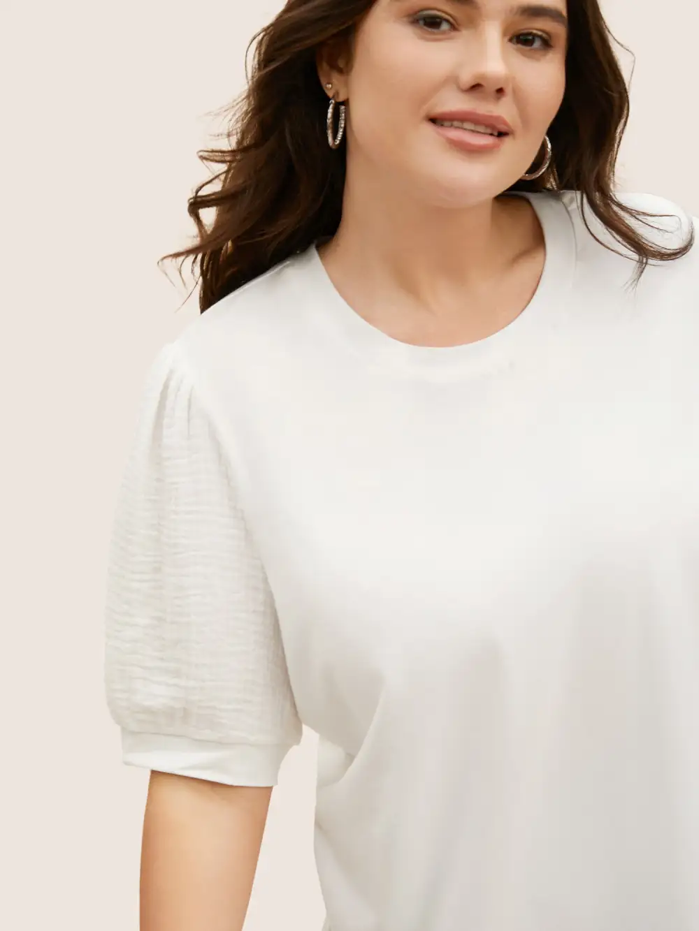 Plain Textured Patchwork Lantern Sleeve T-Shirt