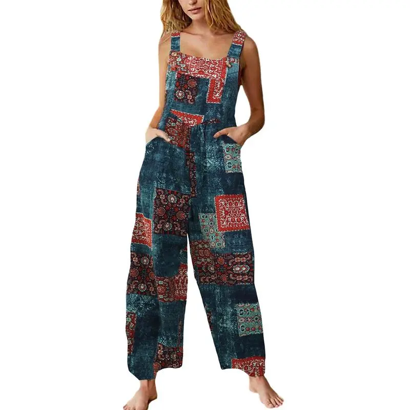 Women’s Boho Patchwork Jumpsuit-Floral Print, Dual Pockets, Wide-Leg Fit