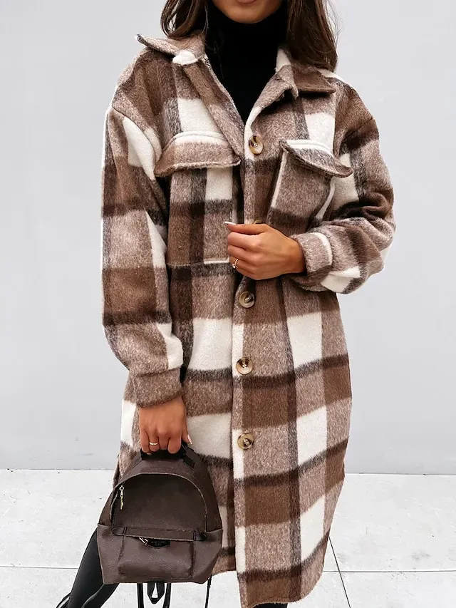 Women's Wool Blend Coat Winter Plaid Shacket Jacket Fall Long Pea Coat with Pockets Single Breasted Over Coat Trench Coat Gray Khaki Brown Modern Street S M L XL XXL / Winter