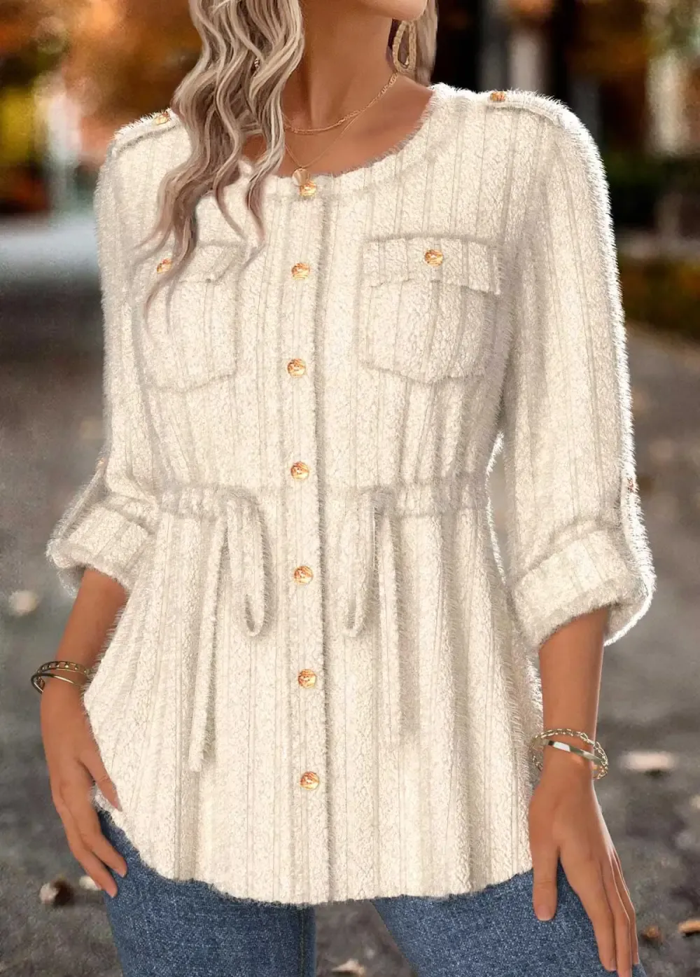 Beige Tummy Coverage Long Sleeve Round Neck Coat