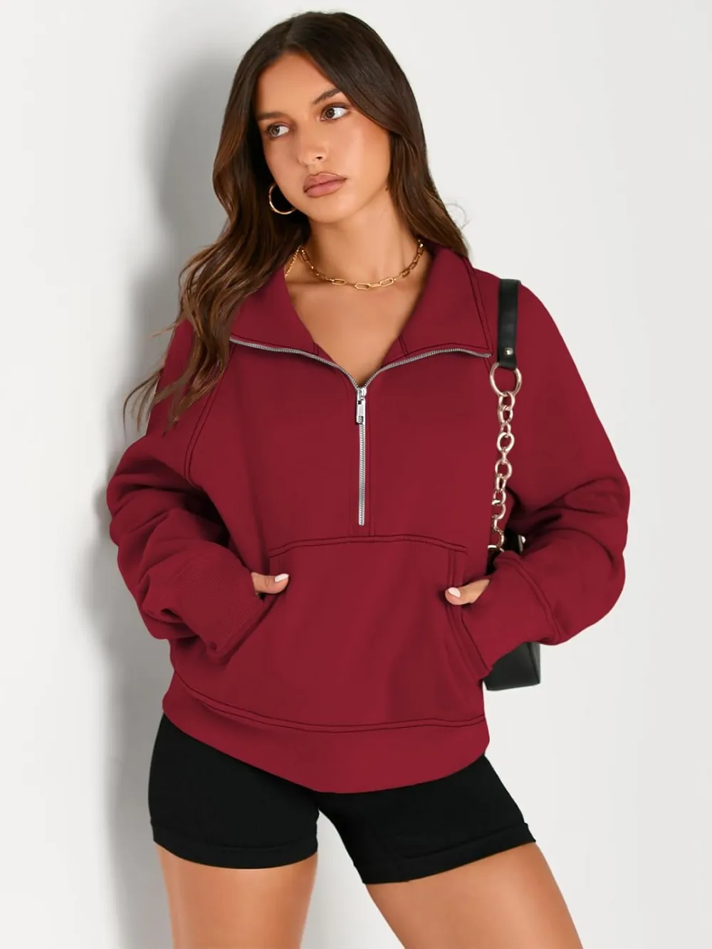 Womens Sweatshirts Half Zip Cropped Pullover Fleece Quarter Zipper Hoodies Fall outfits Clothes Thumb Hole