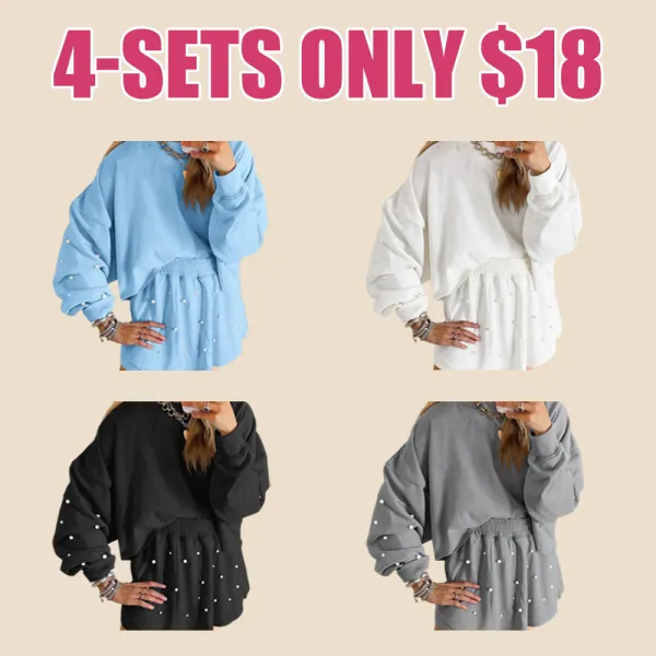 Women's Pearl-Decor Long Sleeve Sweatshirt & Loose Mini Skort 2-Piece Casual Fall Set.