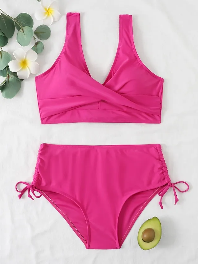 Women's Swimwear Bikini 2 Piece Normal Swimsuit Pleated 2 Piece High Waist Open Back Sexy Pure Color Black Red Fuchsia Green Padded V Wire Bathing Suits Sexy Vacation Stylish