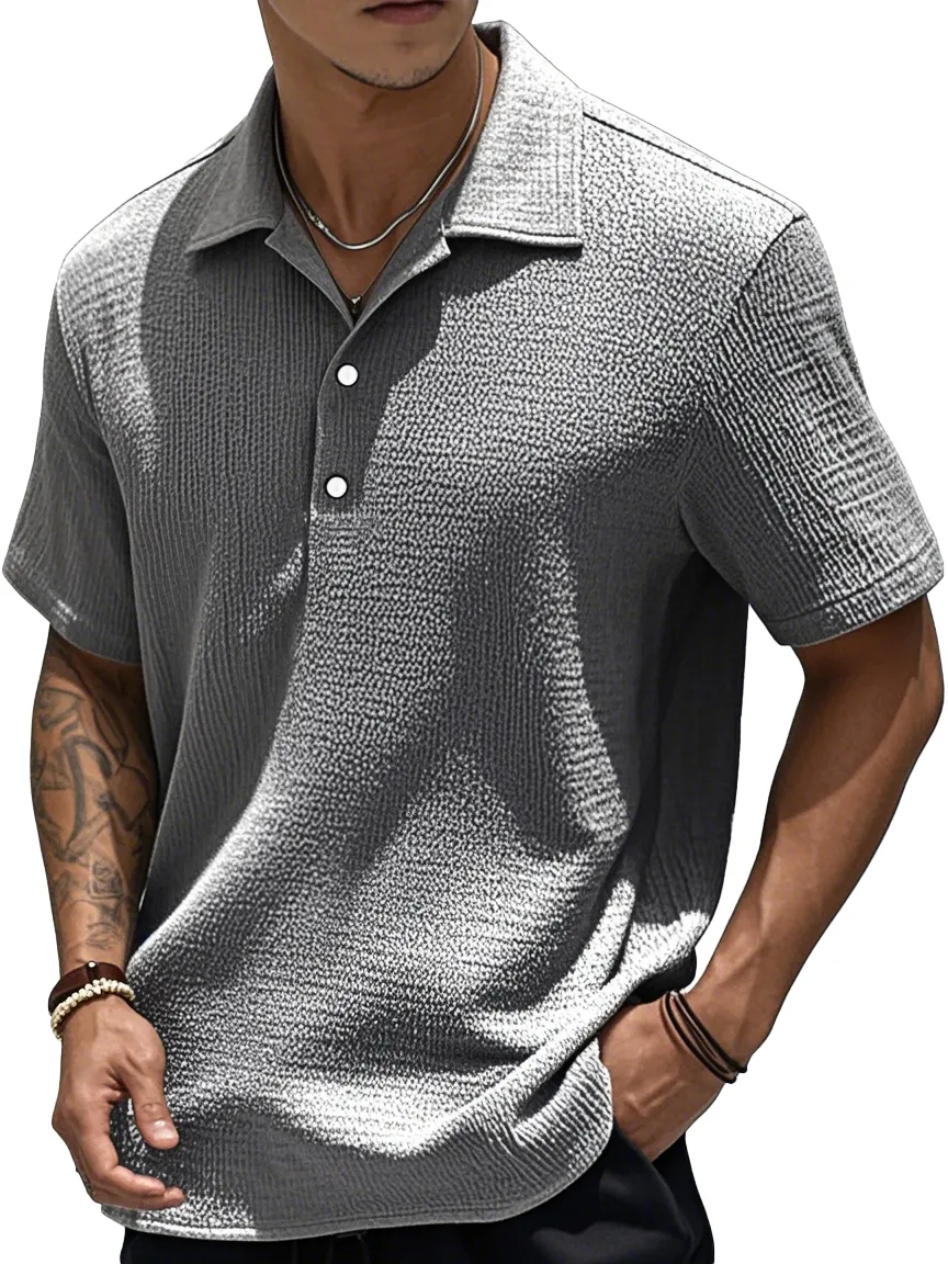  Men's Fashion Retro Pleated Fabric Short-sleeved Polo Shirt 