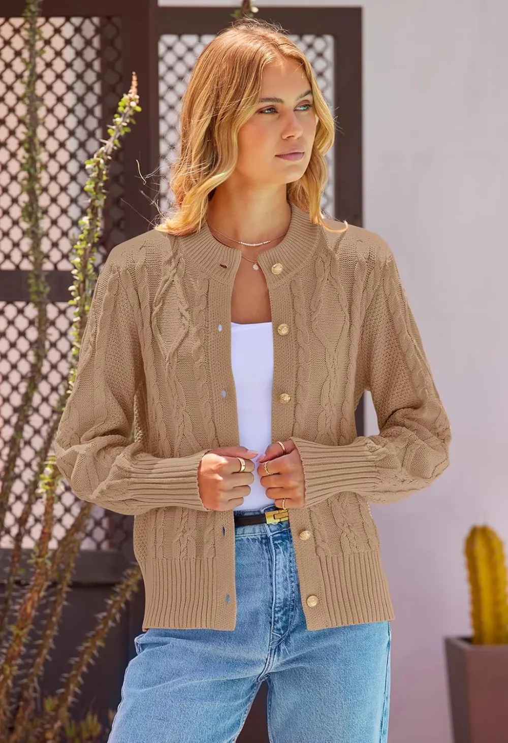 Women's 2024 Fall Long Sleeve Sweater Cardigan Cable Knit Open Front Button Outwear Coats