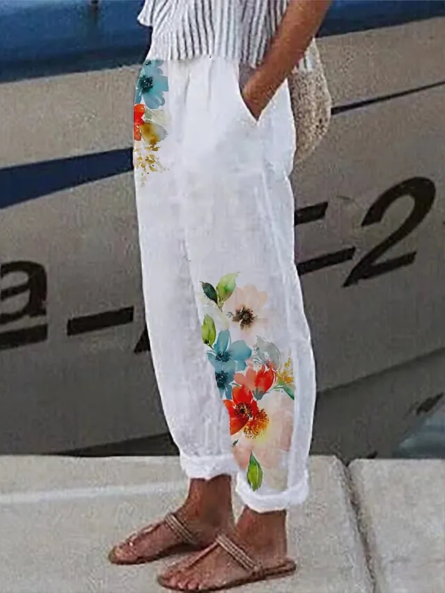 Women's Linen Pants Capri shorts Cotton And Linen White Pink Red Mid Waist Streetwear Casual Comfort Vacation Casual Daily Weekend Pocket Print Micro-elastic Long Comfort Floral S M L XL 2XL