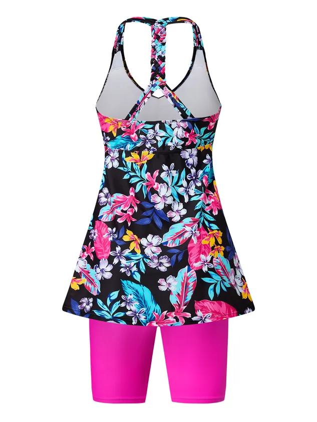 Casual Floral Printing V Neck Tankinis Two-Piece Set