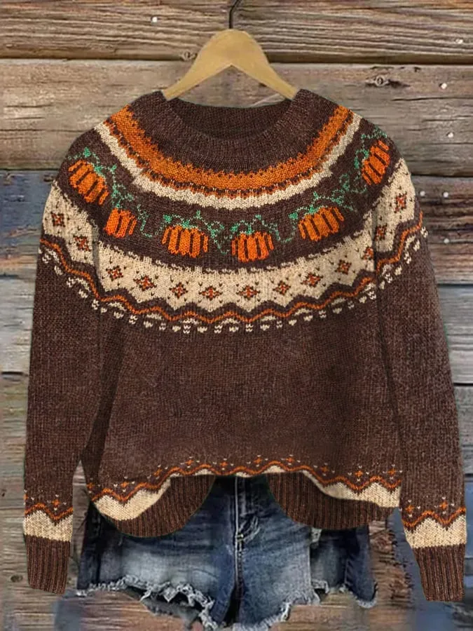Women's The Cozy Pumpkin Casual Round Neck Print Knitted Sweater