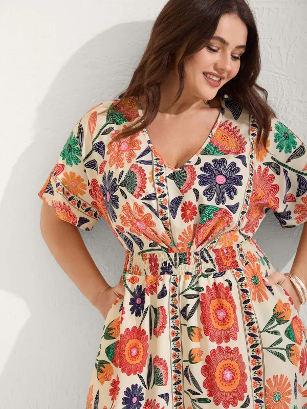 Floral Print Gathered Waist Pleated Midi Dress