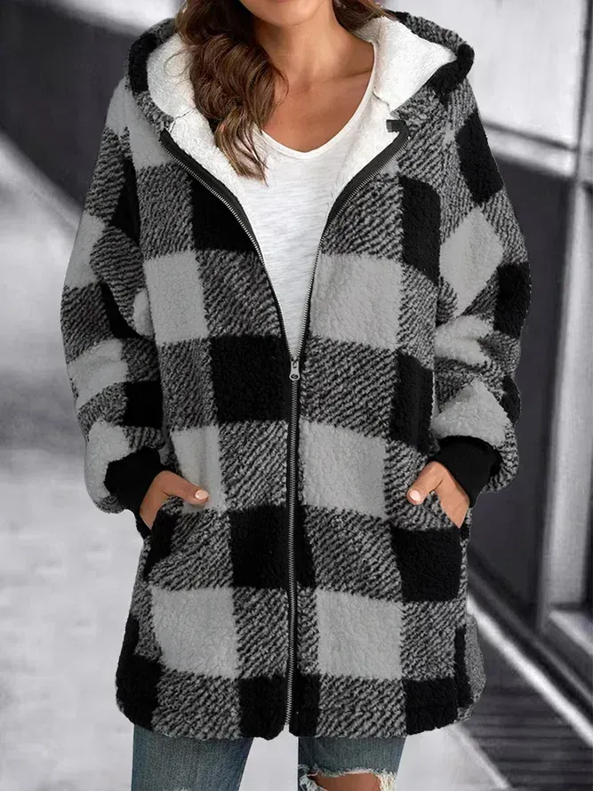 HOODIE PLAID LOOSE OVERCOAT