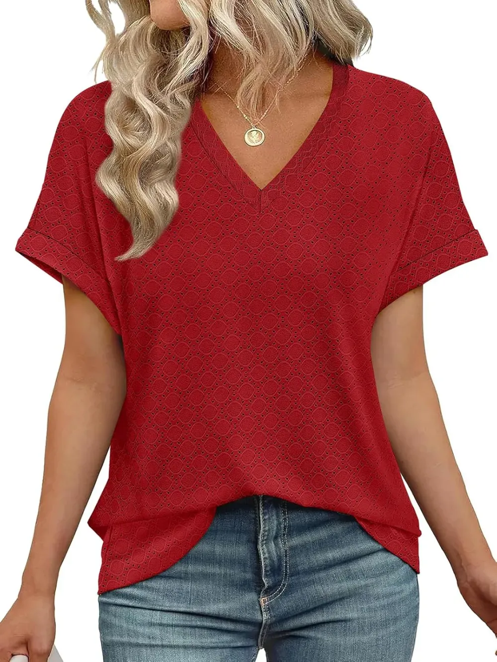 ✨Women's V Neck Eyelet Dressy Casual Basic Short Sleeve Tees