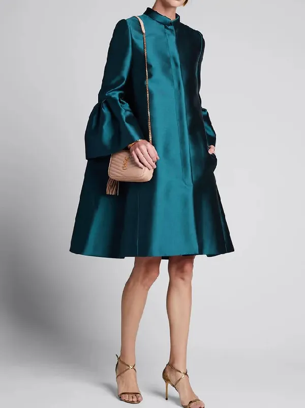 Stylish Selection Flared Sleeves Solid Color Stand Collar Mini Dresses