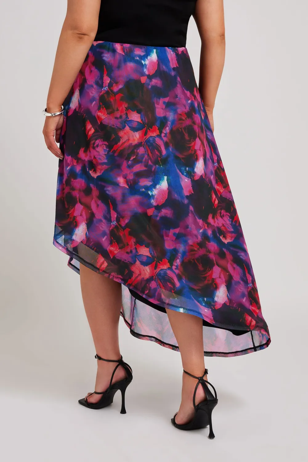 YOURS LONDON Curve Purple Abstract Print Asymmetric Mesh Skirt