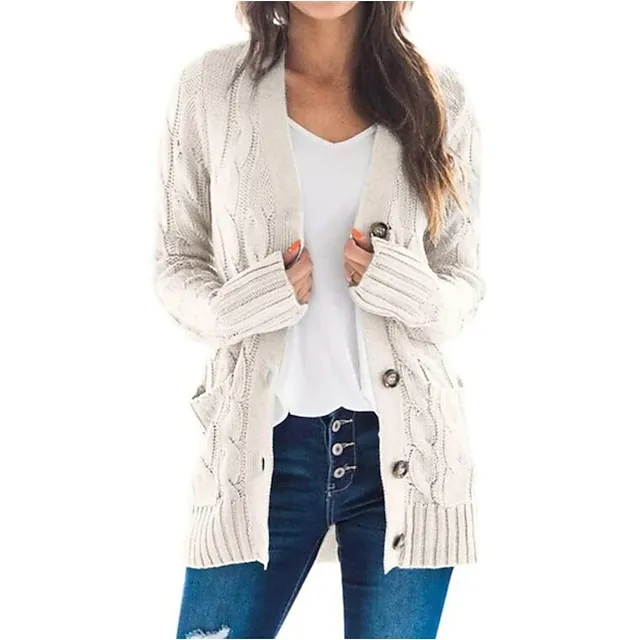 Women's Cardigan Pocket Knitted Button Solid Color Casual Chunky Long Sleeve Regular Fit Sweater Cardigans