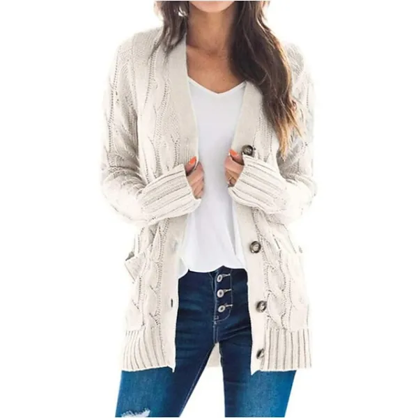 Women's Cardigan Pocket Knitted Button Solid Color Casual Chunky Long Sleeve Regular Fit Sweater Cardigans